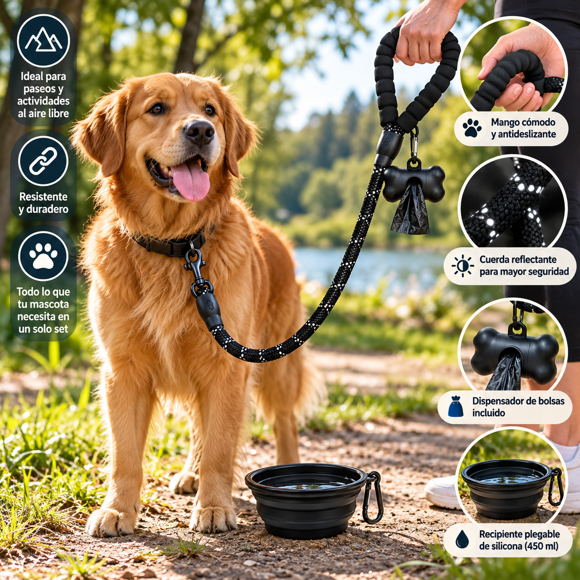 Correa para Perros 3 en 1 DongDa con Recipiente Plegable y Dispensador de Bolsas, Negra