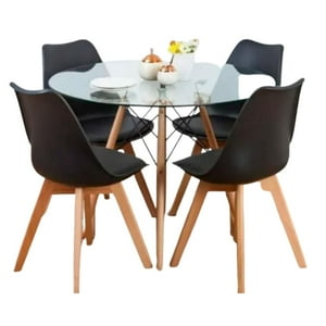 Klik Muebles - Comedor Mesa Eames Vidrio 100 Cm + 4 Sillas Tulip Negras