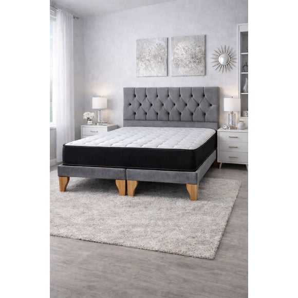 Cama Europea 2 Plazas Gris con Respaldo Capitoné y Colchón Híbrido