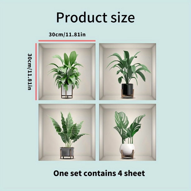 4pcs Green Plants Wall Sticker 3D Effect Removable Mural Vinyl Decals Peel And Stick Living Room Bedroom Decoration Seasonal Home Decorative Ornaments