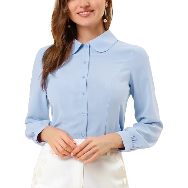 INSPIRE CHIC Blusa de Mujer con Cuello Peter Pan Casual de Negocios de Manga Larga Camisas de Trabajo con Botones 3XL Azul Claro