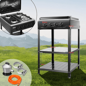 Line - Cocina Encimera A Gas Licuado 4 Platos Con Mesa+ Kit De Instalación Cocinilla Negro