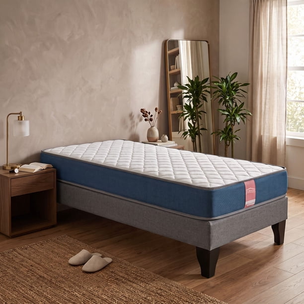 Cama 1.5 Plazas Europea América Azul Tela Gris 105x190x60 Cm Resorte Bonell Dual Side
