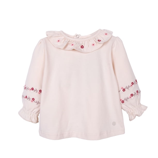 Polera Bebé Niña Manga Larga Cuello con Vuelo Bordado Arena