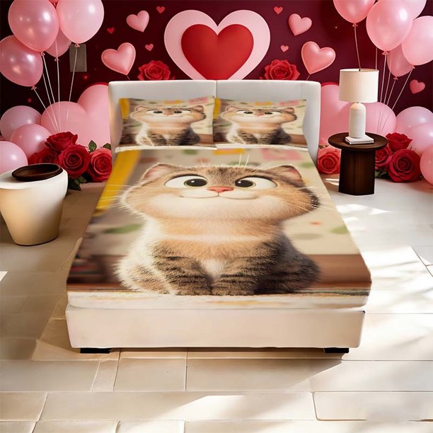 Cat Sitting Still Print Fitted Sheet Bedding/2 Pillowcases/1 Fitted Sheet/Twin Bed/Full Bed/Queen Bed/King Bed - - Soft And Skin-Friendly/r - Snu