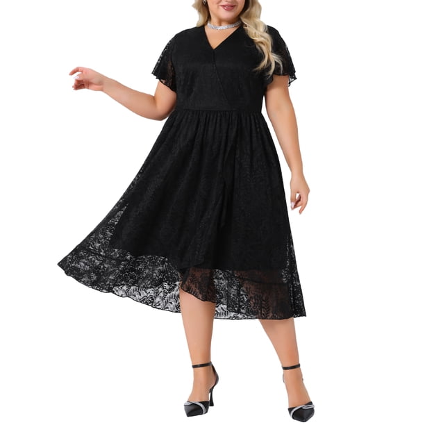 Vestidos de Encaje Floral de Talla Grande para Mujer de Agnes Orinda, Doble Capa, Imitación de Envoltura, Cuello en V, Manga Corta, Fluidos, Cóctel, Midi, Línea A, 1X Negro