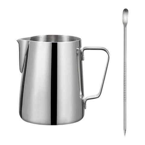 Magideal - Jarra Para Espumar Leche, Jarra Para Café Expreso, Taza Artística Para Latte, Calentador De Leche Con Bolígrafo Artístico Para Latte, Cafetera Matcha, Plata