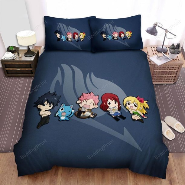 Fairy Tail Logo With Characters Chibi Quilt Duvet Cover Set Queen Super 3-Piece Bedding Set