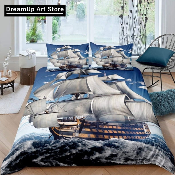 Pirate Duvet Cover Set Sailboat Nautical Ocean Bed Set Quilt Cover Boys Adult