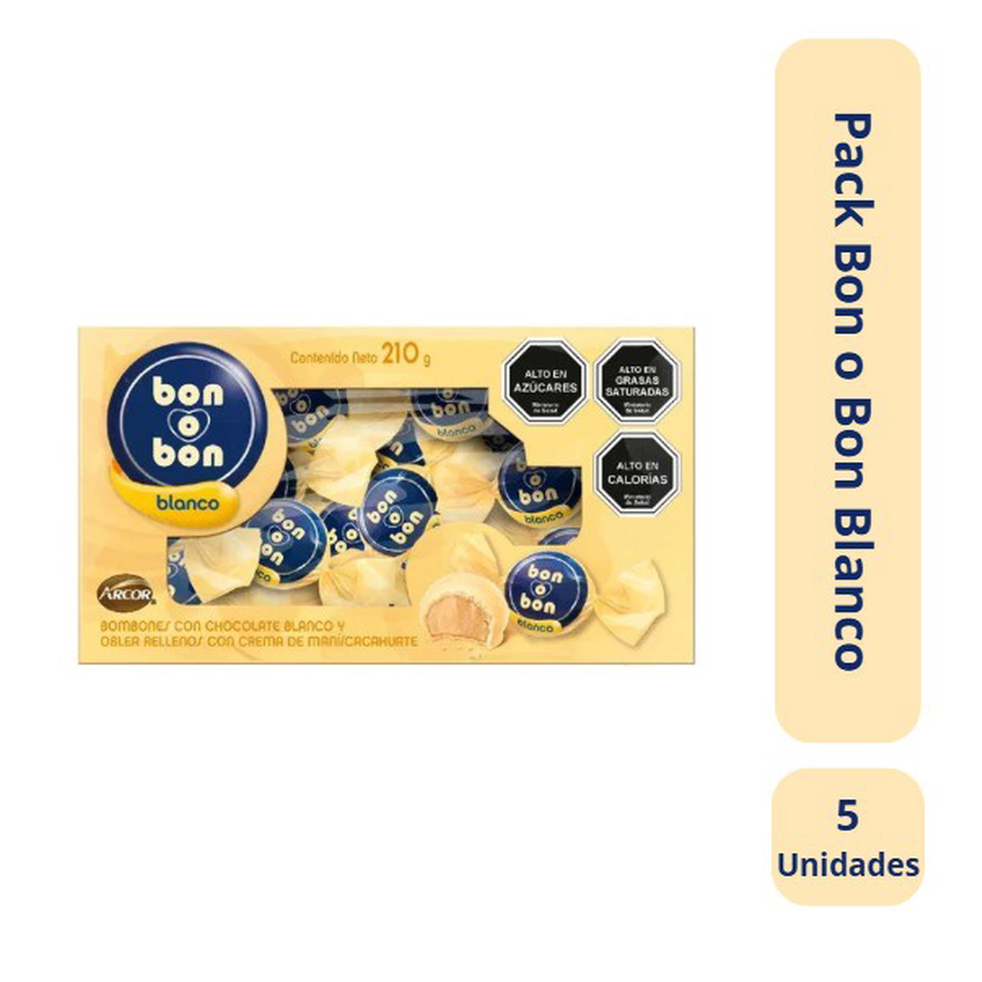 Arcor - Pack 5 Caja Bombón Leche 15 Unidades Bon O Bon Blanco 210gr