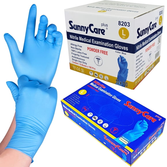 Guantes médicos SunnyCare 8203 de nitrilo azul, sin polvo, talla grande