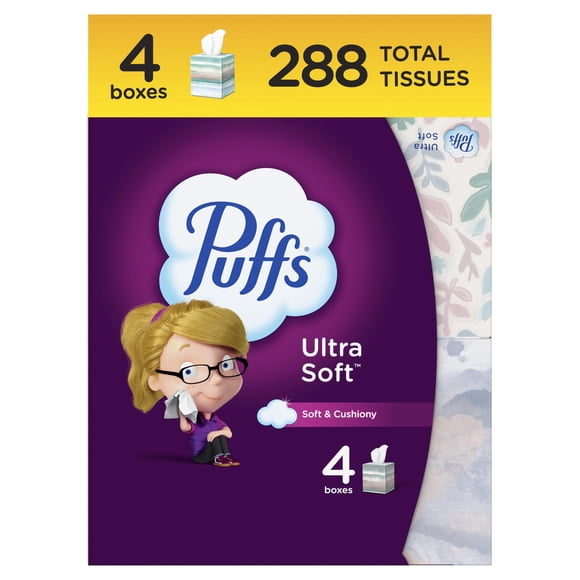 Facial Tissue Puffs Ultra Soft, caja de 4 megabubos, 72 pañuelos