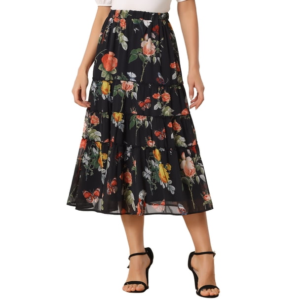 INSPIRE CHIC Falda Floral de Mujer con Volantes en Capas de Chifón A-Line Maxi Falda Negro Rosa M