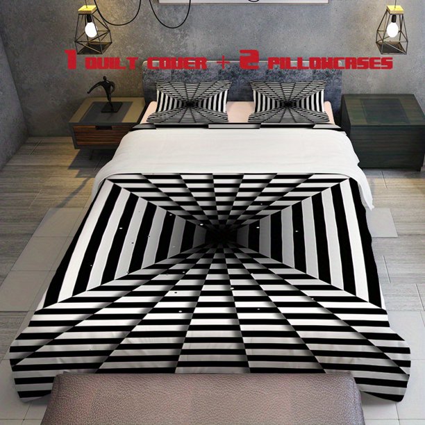 3pcs Black and White Plaid Space Design Themed Printed Bedding Set Soft Duvet Cover with Two Pillowcases