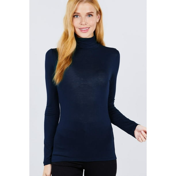 Saronite Camiseta Básica de Punto de Rayón con Cuello Alto y Manga Larga, Azul Marino (para Mujer)