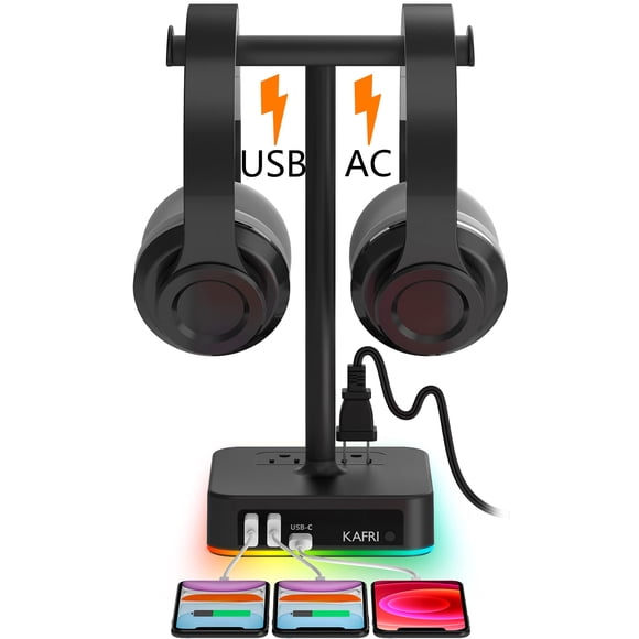 Soporte para auriculares KAFRI RGB Dual con USB‑C/USB y enchufe de CA