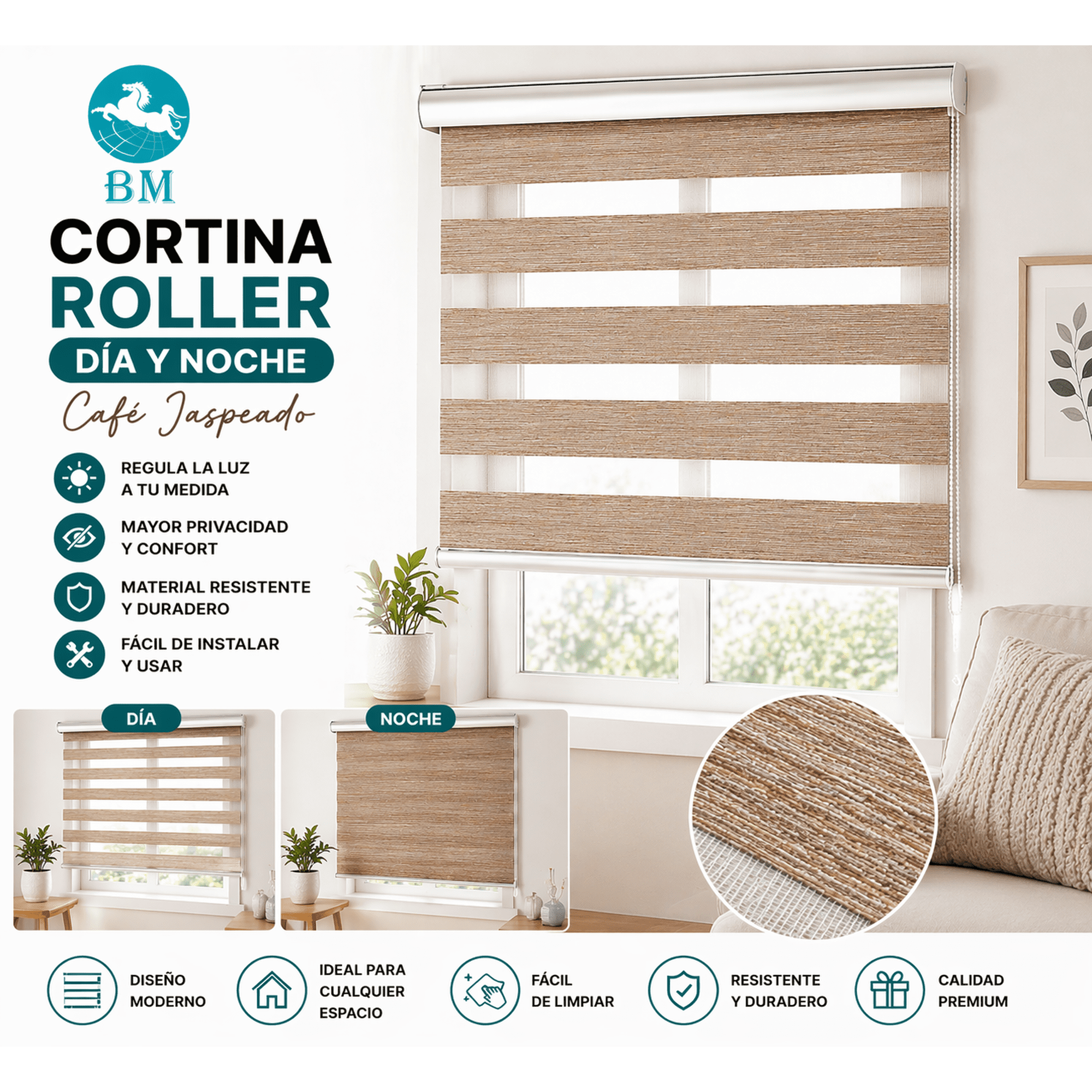 Baima - Cortina Roller Día Y Noche Café Jaspeado 150x200 Cm | Doble Tela Zebra