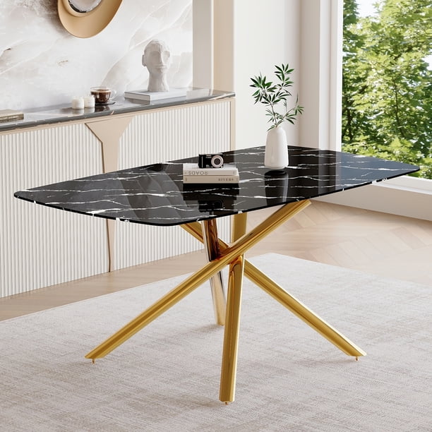 63"x35.4" Luxurious Black Marble-Patterned Tempered Glass Dining Table.Single Fork Golden Metal Table Legs.Tempered Glass Table Top,Golden Metal Leg.Make it Adaptable To Various Decoration Styles.