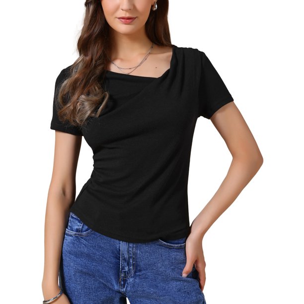 INSPIRE CHIC Top de Manga Corta para Mujer con Fruncido, Camiseta de Salida, Ajuste Ceñido, Blusa Básica S Negra