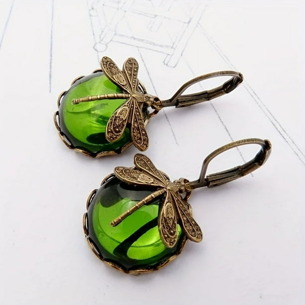 2pcs/pair Vintage Dragonfly Earrings with Moonstone and Brass Glass Cabochon - Perfect Gift for Women and Men