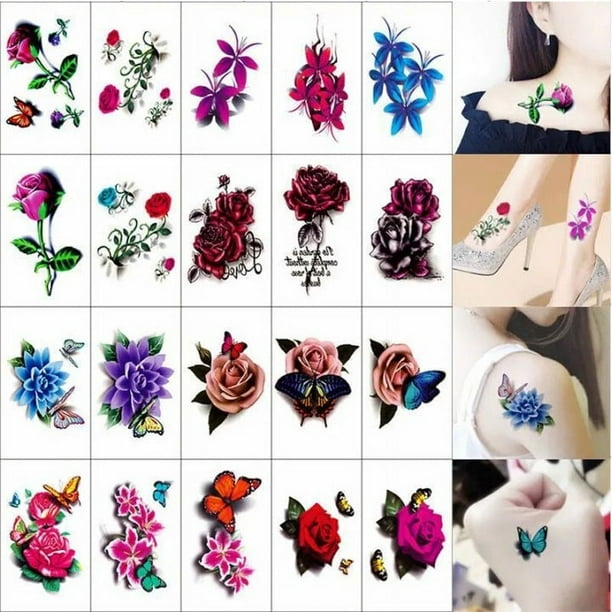 Tattoo Stickers 20 Sheets , Temporary Disposable Tattoo, Rose Butterfly Pattern , Realistic Colorful Tattoos Sticks For Women And Girls