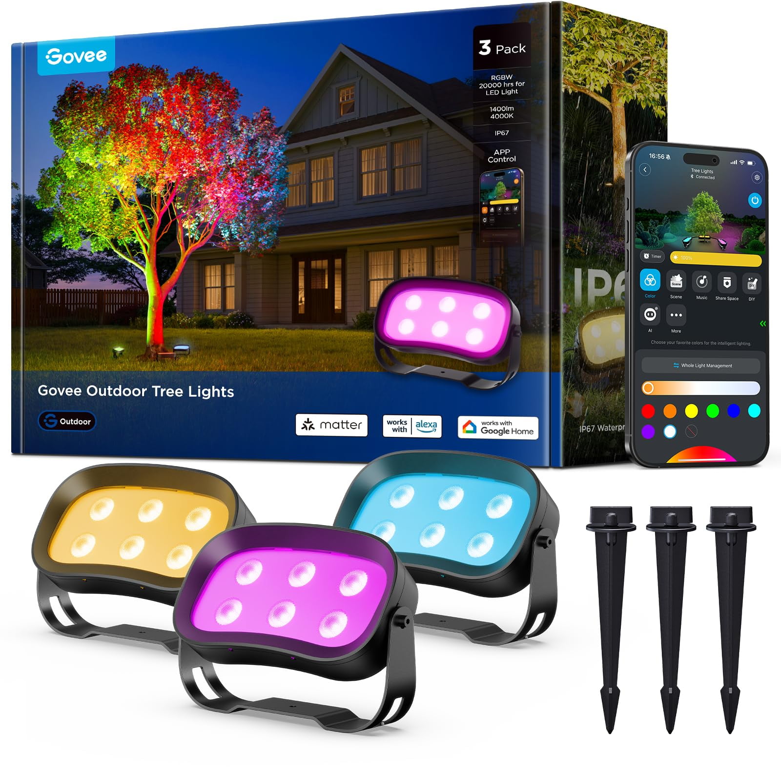 Luces Para Árboles De Exterior Govee, Paquete De 3, Rgbwic, Impermeables Ip67