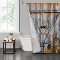 Lvrlvr 1 Pieza Cortina De Ducha Con Diseño De Puerta De Granero Rústica Y Cuernos De Ciervo, Color Azul Y Marrón, Estilo Campestre Elegante, Tamaño 180X180 Cm + 12 Ganchos De Tipo C