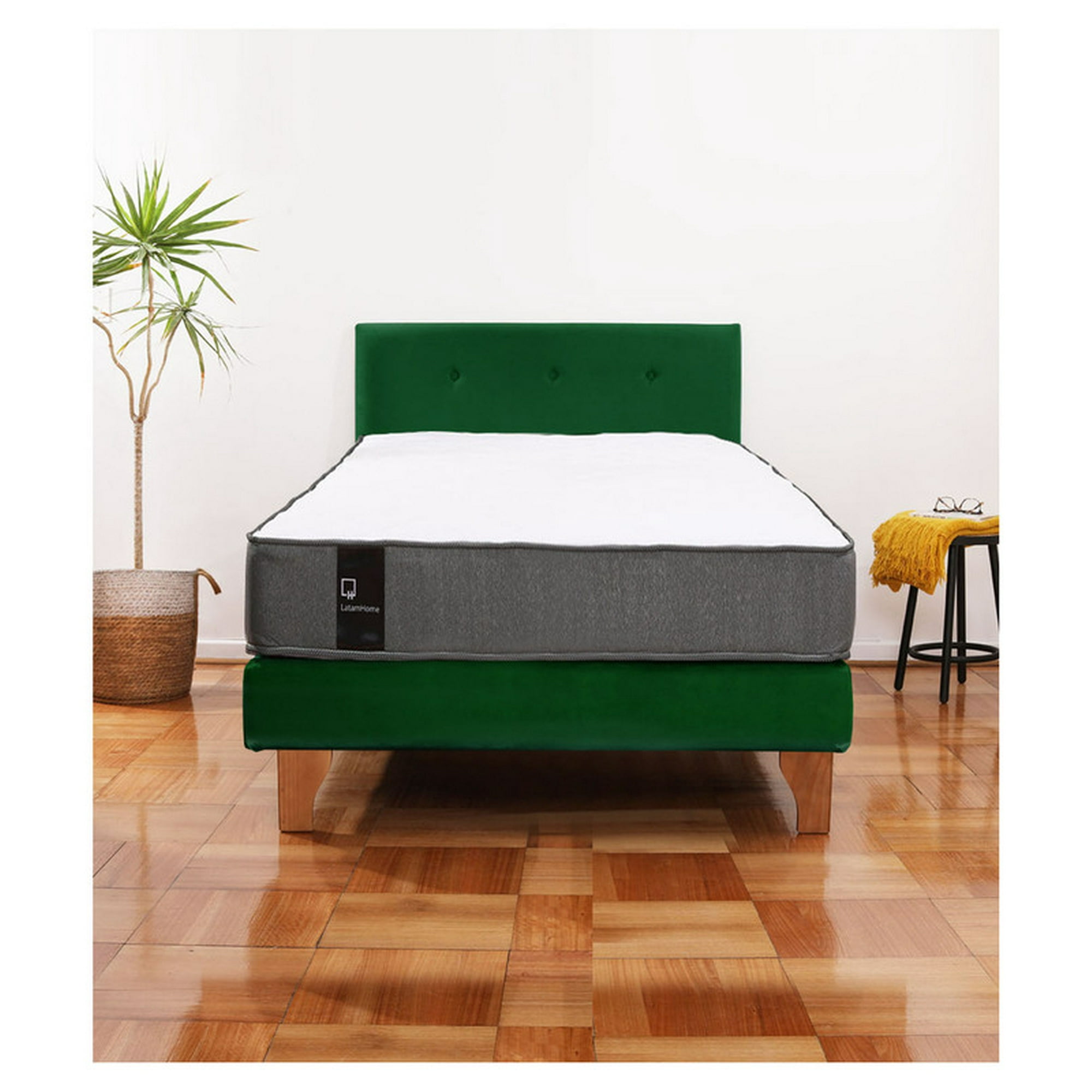 Latam Home - Cama Europea Zen Best 1.5 Plaza Colchon Resortes Base Dividida + Respaldo Tela Verde