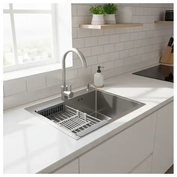 Lavaplatos 60x45 Cm Deluxe Acero Inoxidable Color Plateado 2mm Espesor con rejilla escurridora, dispensador de Jabón y Griferia Inox