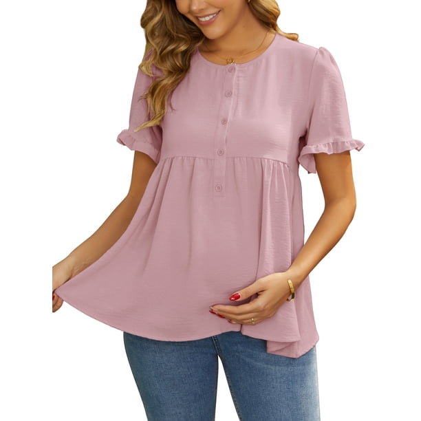 INSPIRE CHIC Camisetas de Botones de Manga con Volantes de Cuello Redondo Casual de Maternidad para el Día de la Madre de Mujer Babydoll Ajuste Suelto Peplum Tops 2XL Rosa Oscuro