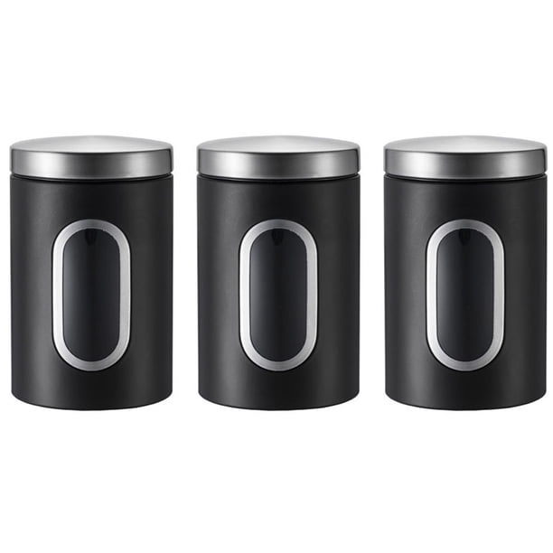Juego de 3 botes de acero inoxidable plateado con ventana de vidrio para enlatar cereales, pasta, azúcar, frijoles y especias.