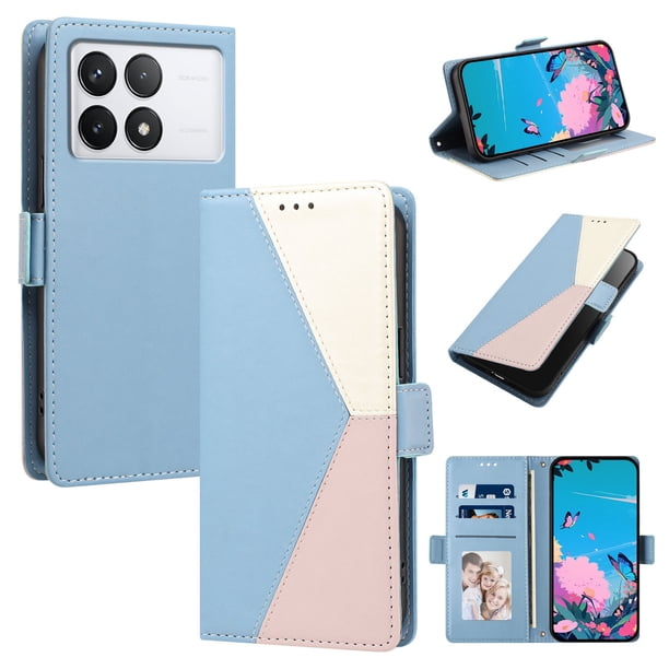 Funda con Solapa para Xiaomi 14T Pro, Diseño Tricolor con Ranuras, Azul Claro