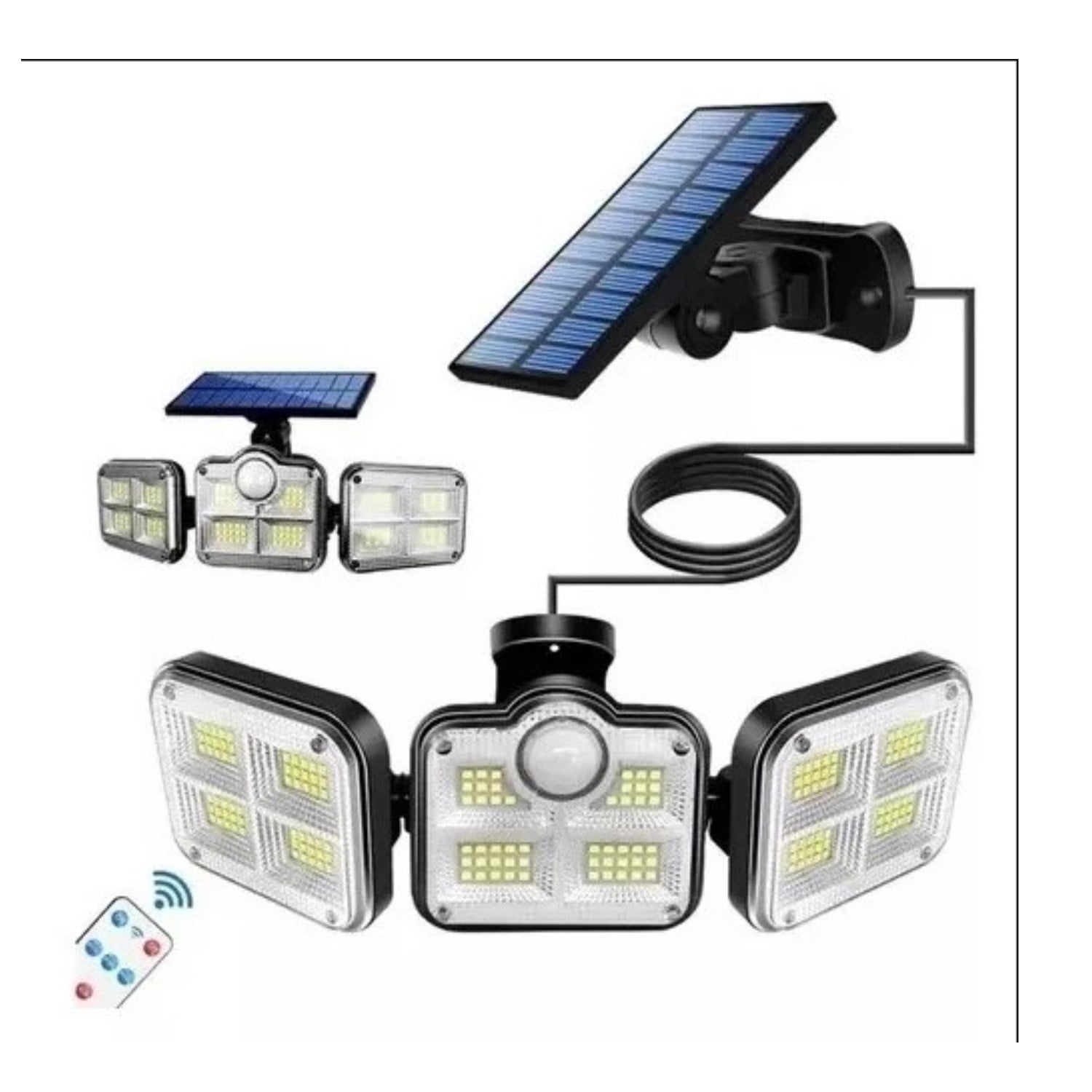 Citotools - Luz Solar Foco Triple Cabezal Con Sensor De Movimientos Negro Con Cable
