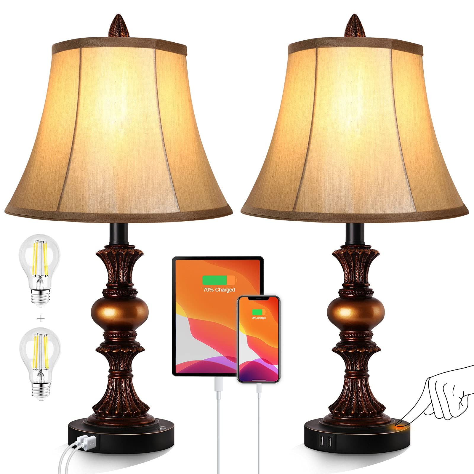 Lámpara Partphoner Con Control Táctil, Juego De 2, Bronce, Usb De 3 Niveles