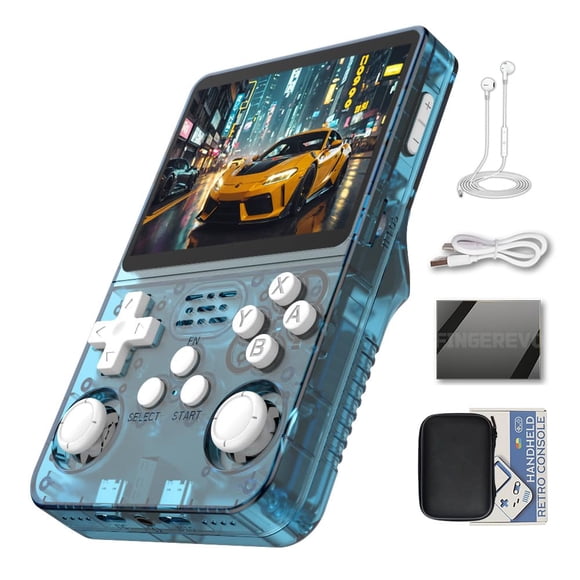 Consola portátil FINGEREVO R36S azul con funda y pantalla IPS de 3.5"