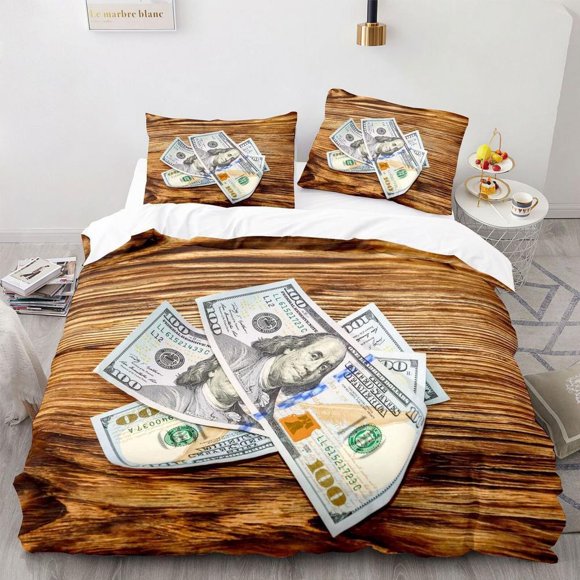 Money Banknote Wood Grain Print Quilt Duvet Cover Set Bed Linen Bedspread Kids3-Piece Bedding Set