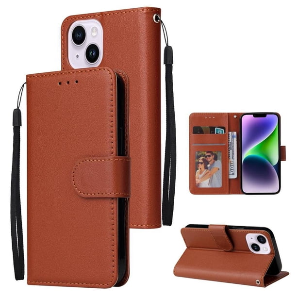 Funda Cartera para iPhone 14 Plus con Tarjetero, Soporte y Cordón - Protección Marrón