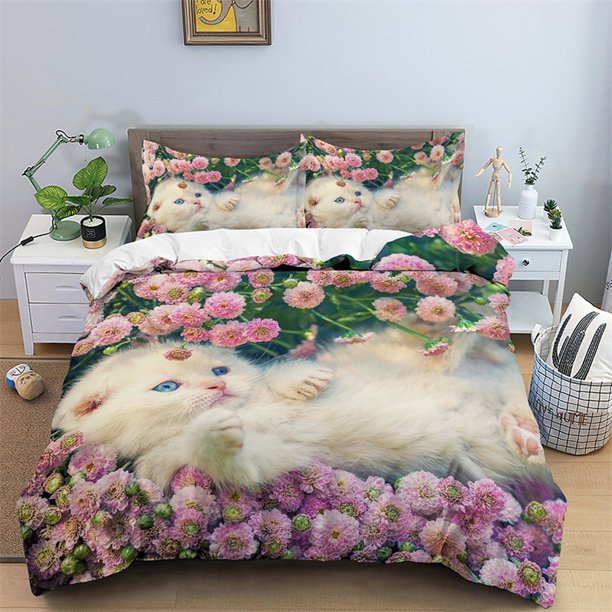 v2512 Bed Sheets Cat Print Duvet Cover Floral Bedding Set Twin Full For Girls Boys Room Decor Luxury Microfiber Funny Animal Quilt Cover 3-Piece Bedding Set (1 Duvet Cover + 2 Pillow Shams) Bed Sheets