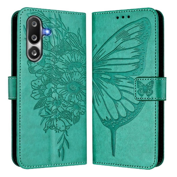 Funda Cartera Mariposa Para Samsung Galaxy M36 Con Soporte Y Ranuras Para Tarjetas Verde