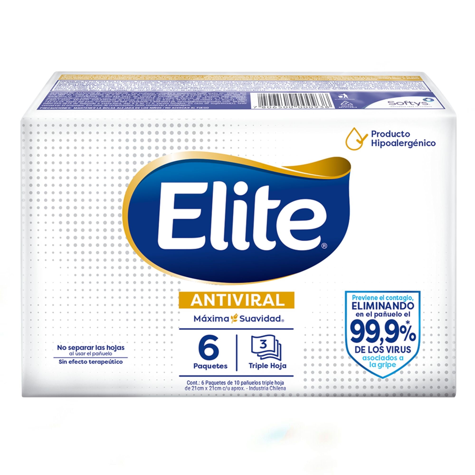Elite - Pañuelos Triple Hoja Antiviral 6 Paquetes De 10 Pañuelos