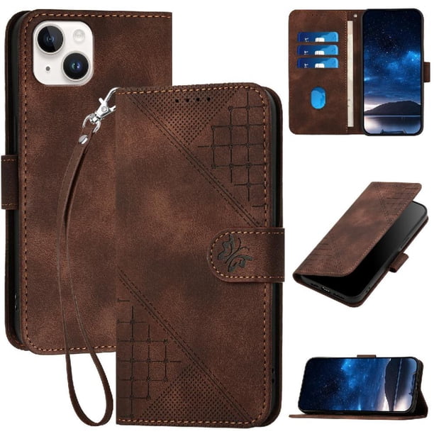 Funda Flip Premium Fibra de Carbono para iPhone 14 con Soporte y Cierre Marrón