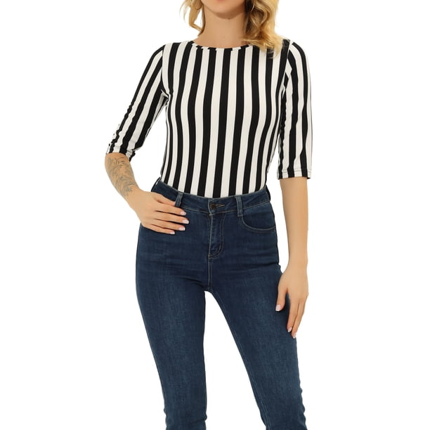 INSPIRE CHIC Camiseta Básica de Mujer con Mangas al Codo Cuello Redondo Ajustada Regreso a Clases Camiseta Casual Estampada Negra-Raya Vertical M