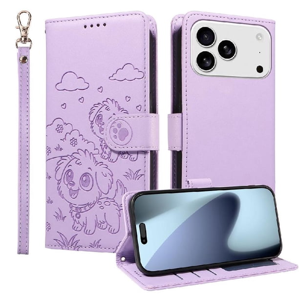 Funda Cartera para iPhone 17 Pro Perro Cachorro Grabado con Tarjetas Soporte Correa Morado