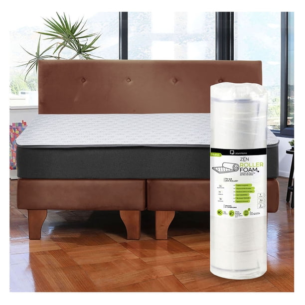 Cama Europea Zen Roller 2 Plazas Colchon Comprimido Espuma + Respaldo Tela Chocolate