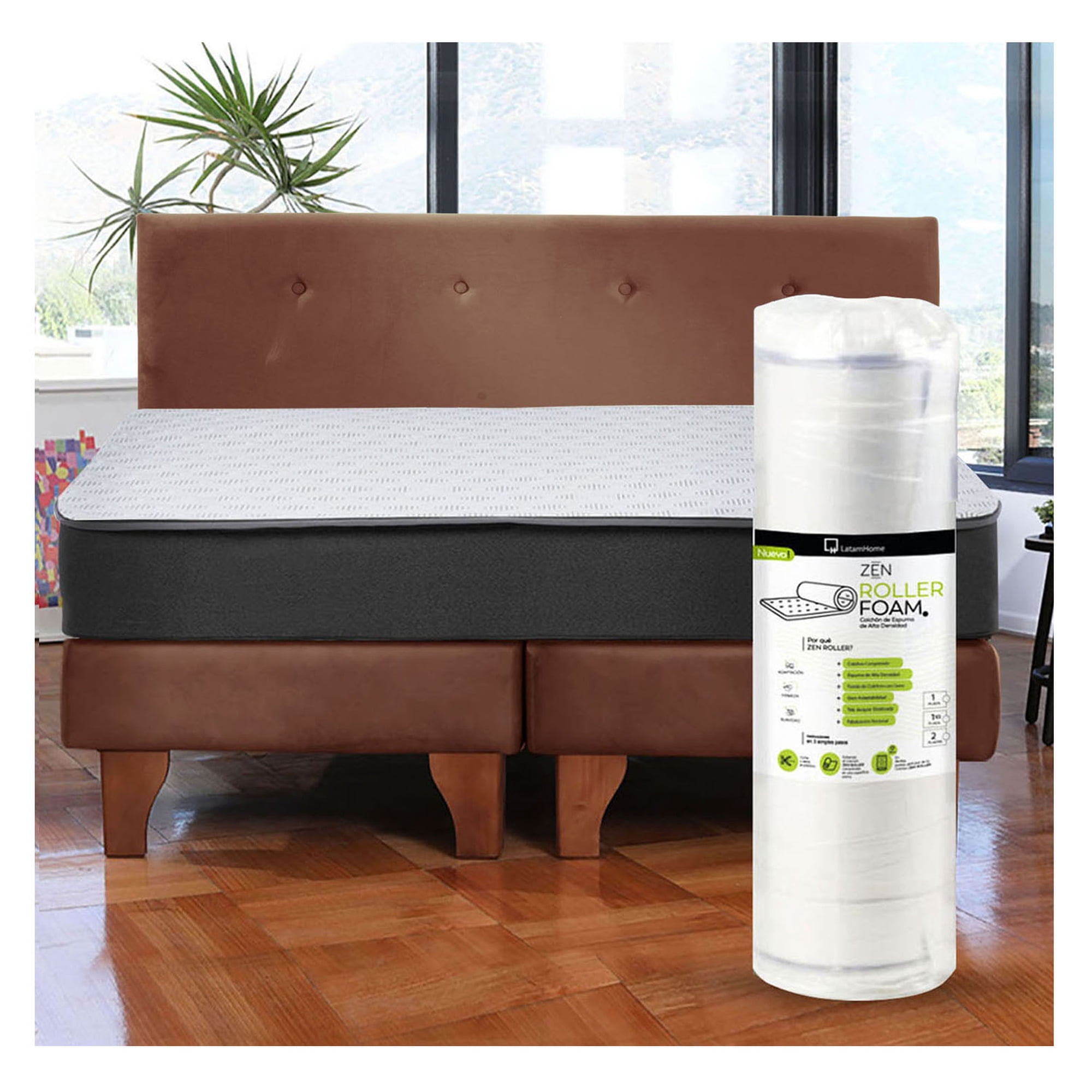 Latam Home - Cama Europea Zen Roller 2 Plazas Colchon Comprimido Espuma + Respaldo Tela Chocolate