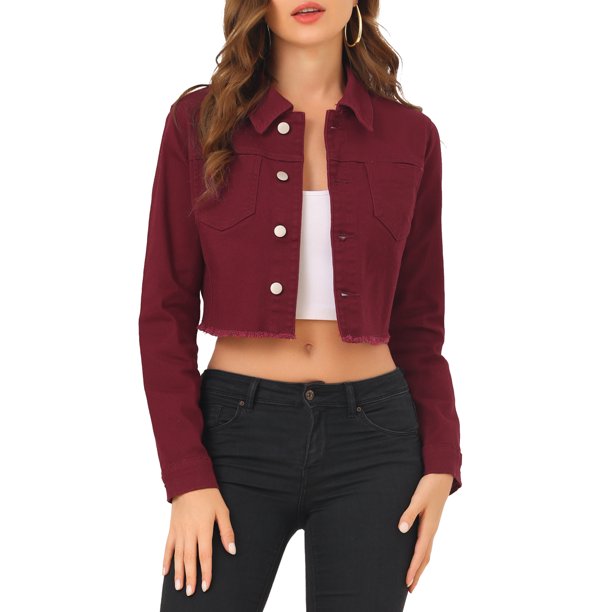 INSPIRE CHIC Chaqueta de Mezclilla Recortada Lavada de Primavera Verano con Botones Desgastados para Mujer de Regreso a Clases en Color Burdeos Talla S