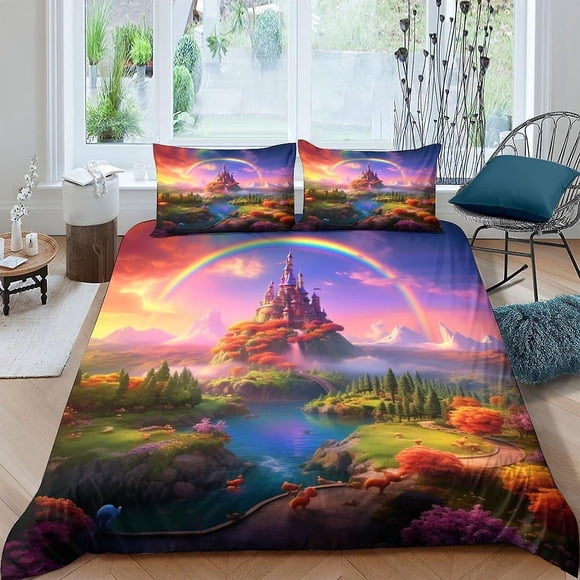 Funda Nórdica Arcoíris Para Niños Juego De Ropa De Cama Infantil Funda Nórdica Artística Con Paisaje Decoración De Microfibra Con Efecto De Impresión 3d Juego De 3 Piezas