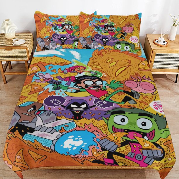 Teen Titans Go Cartoon Bedding Sets Ultra Soft Skin-Friendly Duvet Cover 3 Piece, Cute Comforter Cover Bed Set for Boys Girls Kids