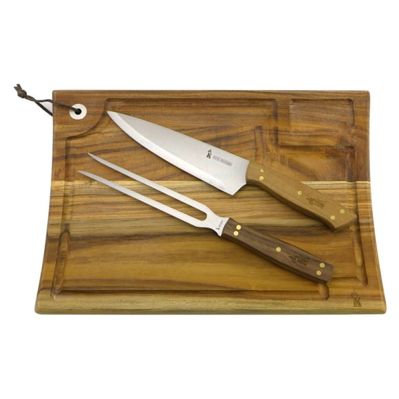 Set Parrillero Kangkawe 3 Piezas: Tabla de Acacia + Cuchillo 7" + Tenedor Acero Inoxidable
