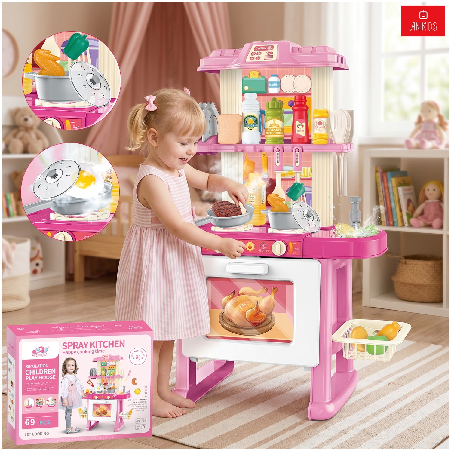 Anikids - Cocina De Juguete Grande 69pcs Niños Vapor Luz Sonido 71cm